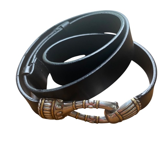 Chico's Accessories - Chicos Womens Black Leather Belt Mixed Metal Silver Gold Hook Buckle Adjustabl S
